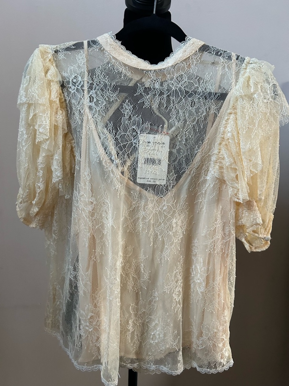 Free People Sheer Ivory Lace Puff Sleeve Blouse